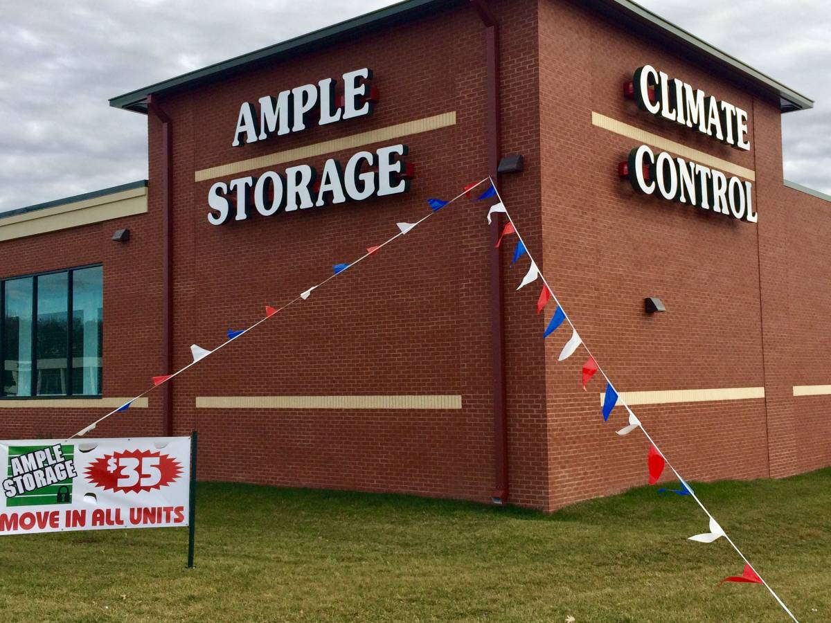 Exterior of Ample Storage Laburnum facility, view of climate controlled signage.