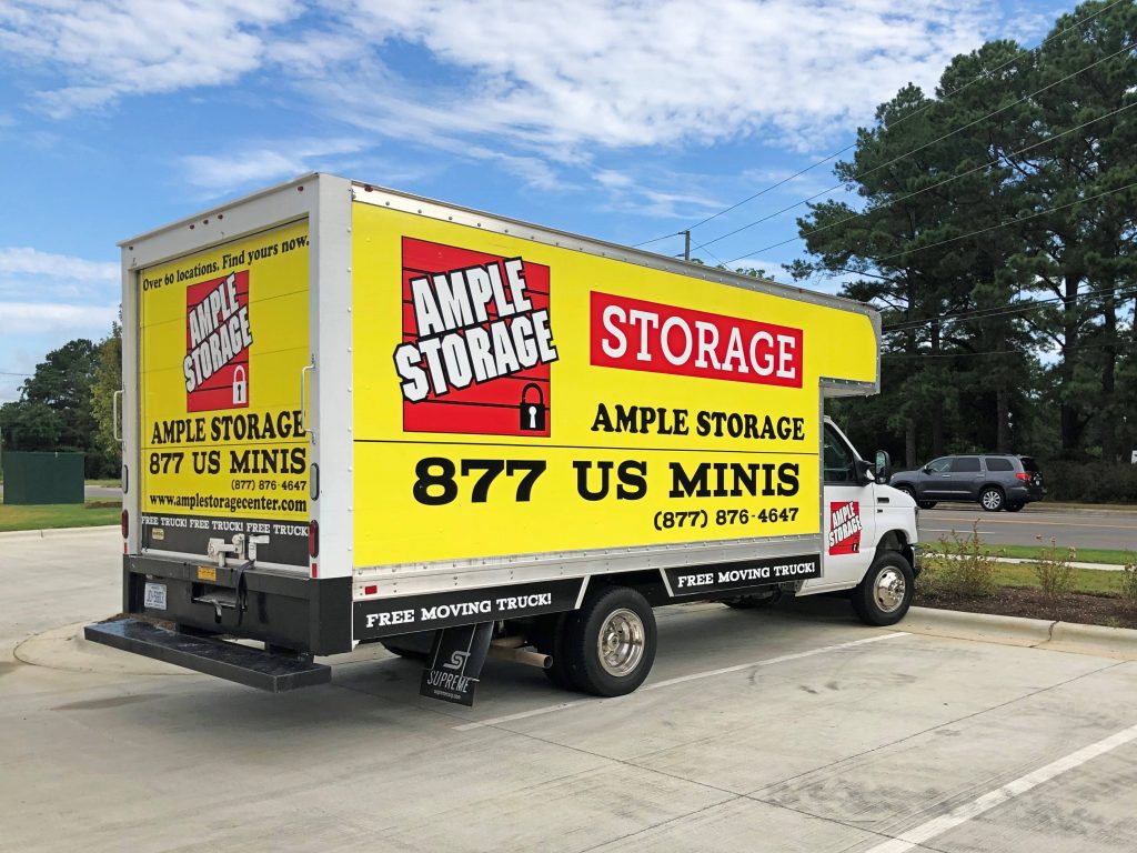 View of moving truck parked at Ample Storage Rocky Mount facility.